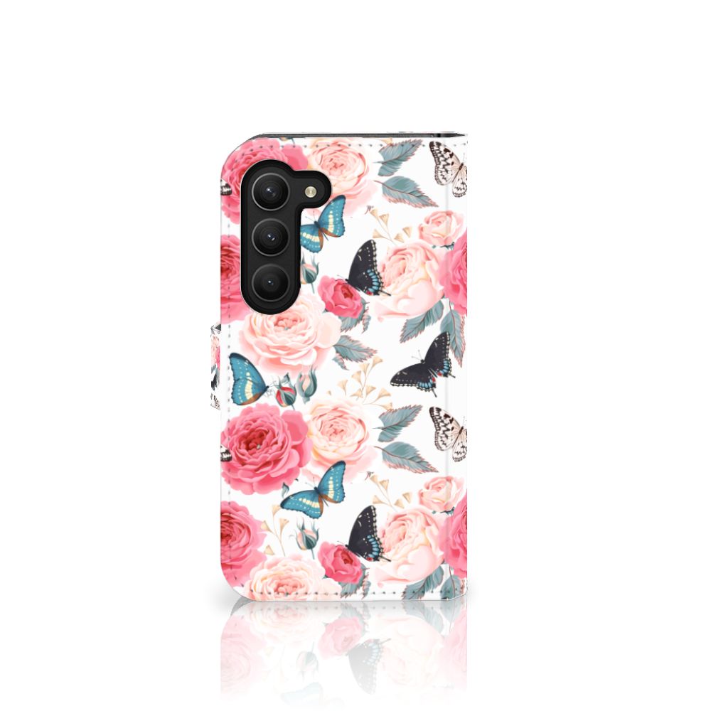 Samsung Galaxy S23 Hoesje Butterfly Roses boekhoesje roze vlinders rozen aanzicht