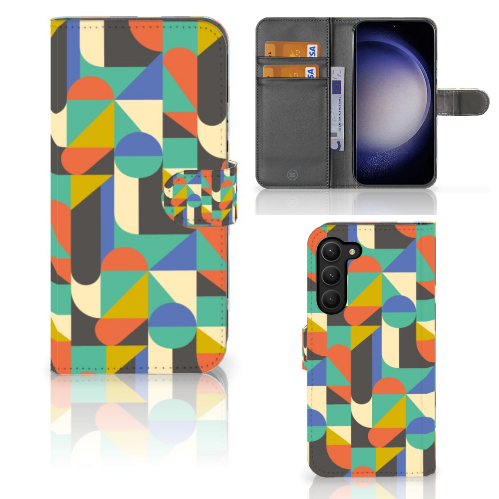 Samsung Galaxy S23 Plus Telefoon Hoesje Funky Retro design kleurrijk aanzicht voorzijde en binnenzijde