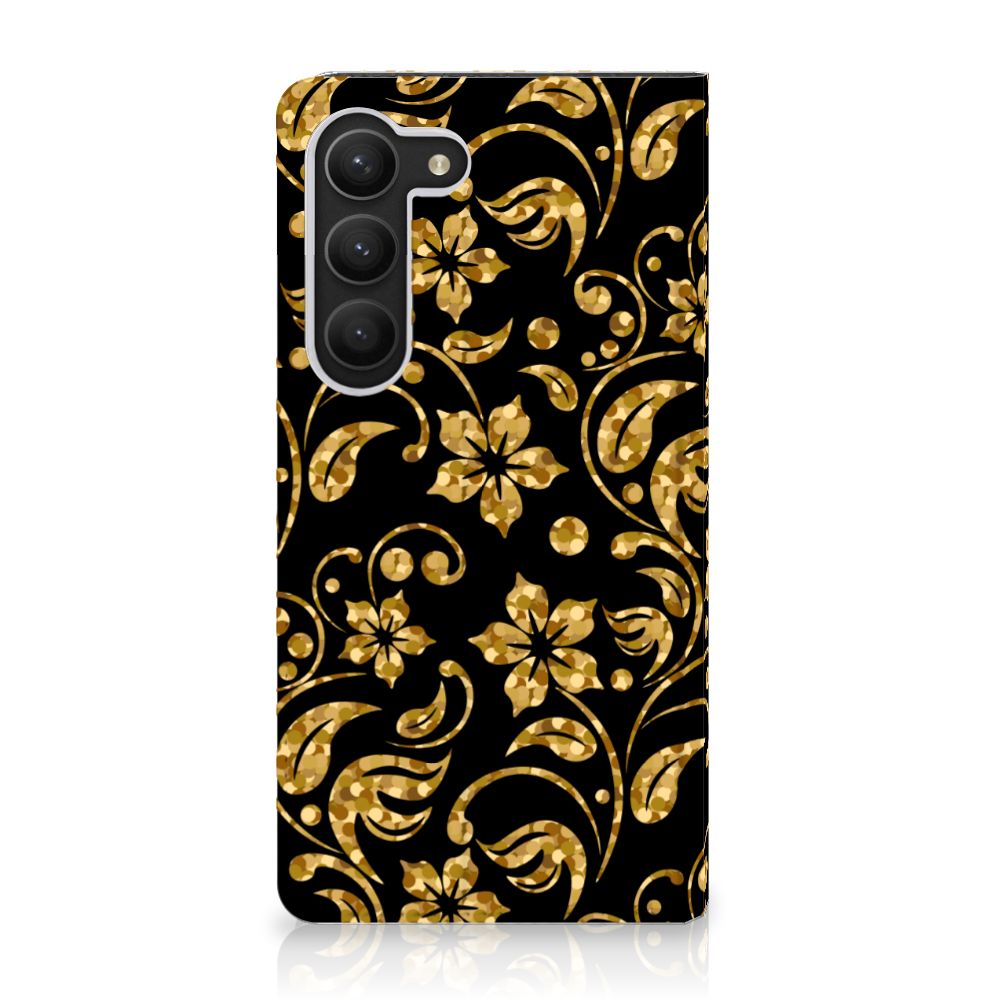 Samsung Galaxy S23 Smart Cover Gouden Bloemen bloemen zwart goud design