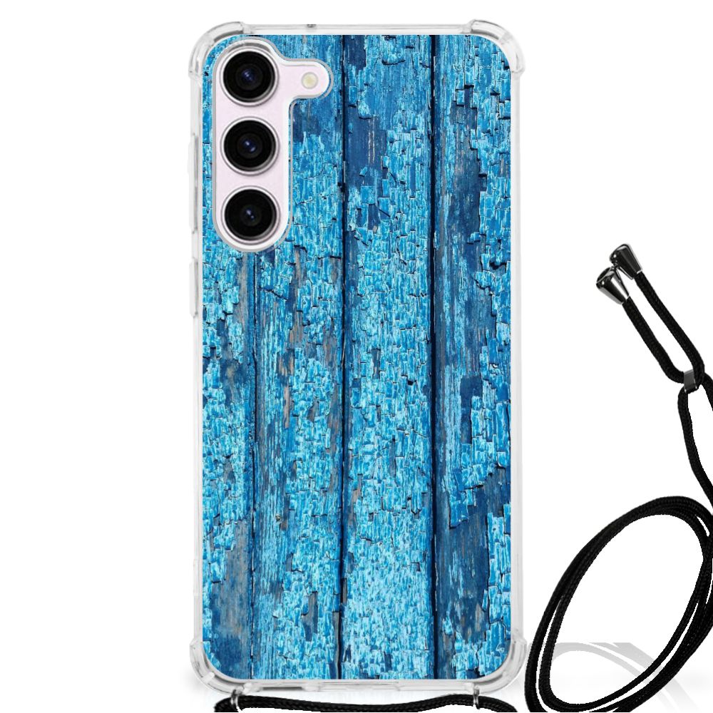 Samsung Galaxy S23 Stevig Telefoonhoesje Wood Blue telefoonhoesje blauw hout design aanzicht