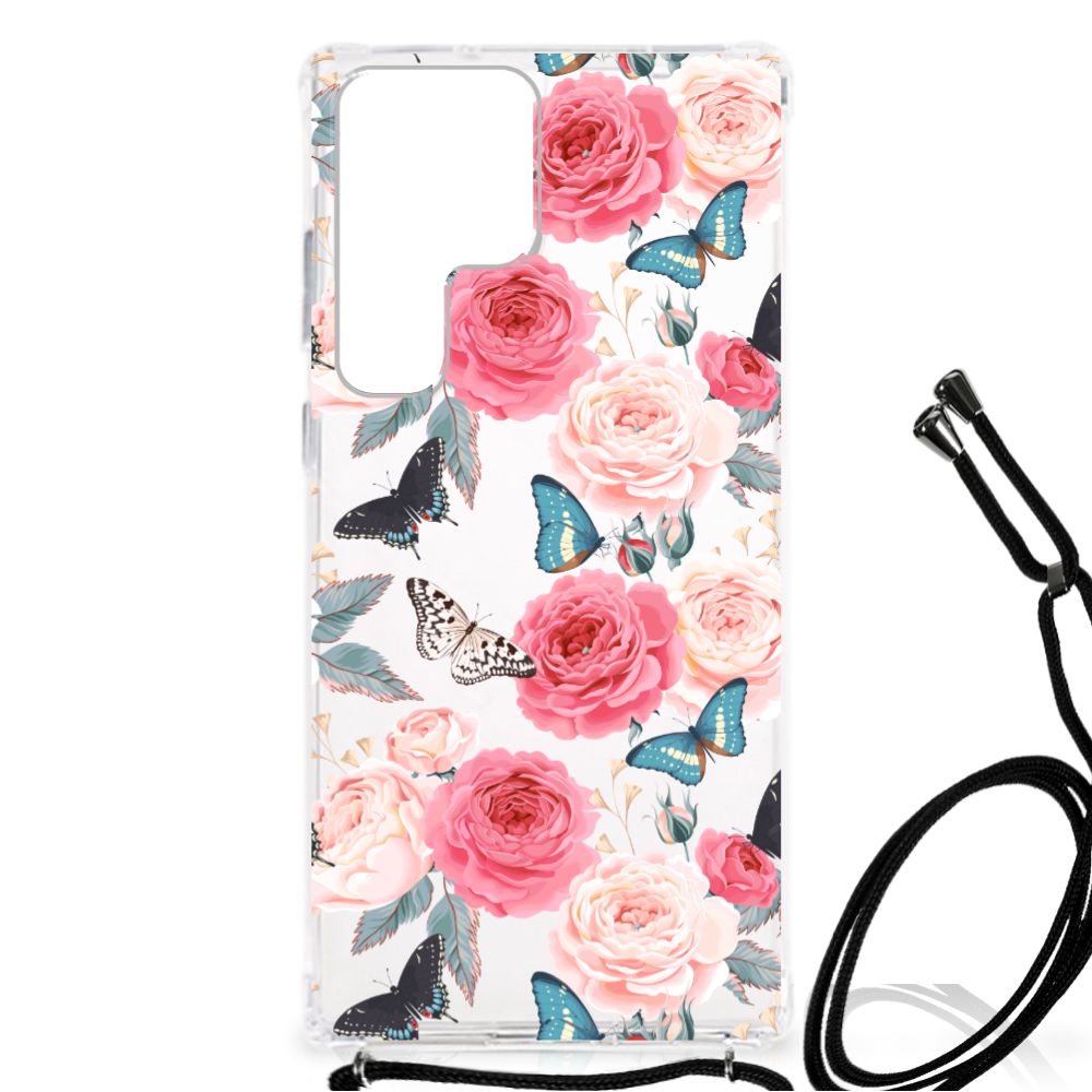 Samsung Galaxy S23 Ultra Case Butterfly Roses bloemen vlinders transparant