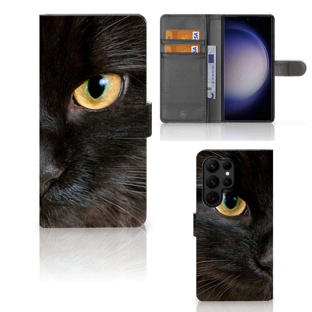 Samsung Galaxy S23 Ultra Telefoonhoesje met Pasjes Zwarte Kat zwart kat design voorkant zijkant binnenkant