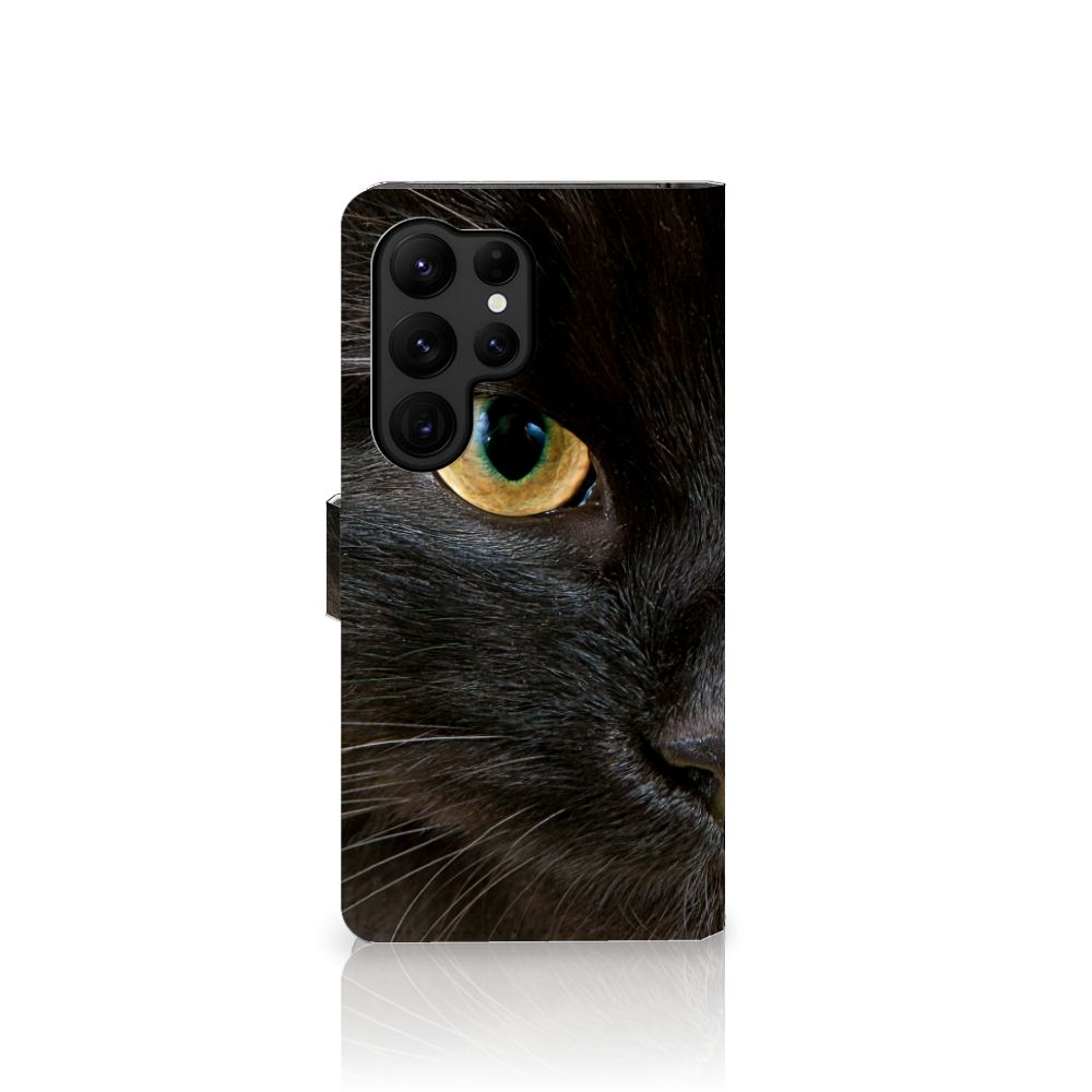 Samsung Galaxy S23 Ultra Telefoonhoesje met Pasjes Zwarte Kat design zwarte kat aanzicht