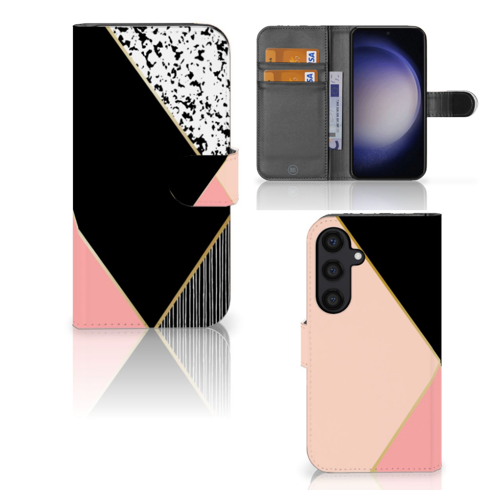 Samsung Galaxy S24 Book Case Zwart Roze Vormen met ruimte voor 3 pasjes en geometrisch ontwerp 🎁