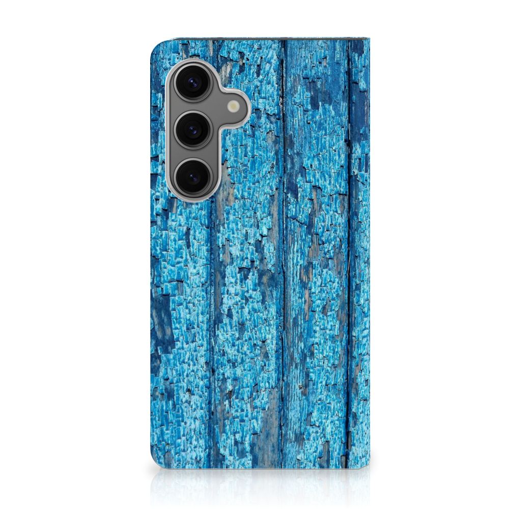 Samsung Galaxy S24 Book Wallet Case Wood Blue houten blauw design achterkant