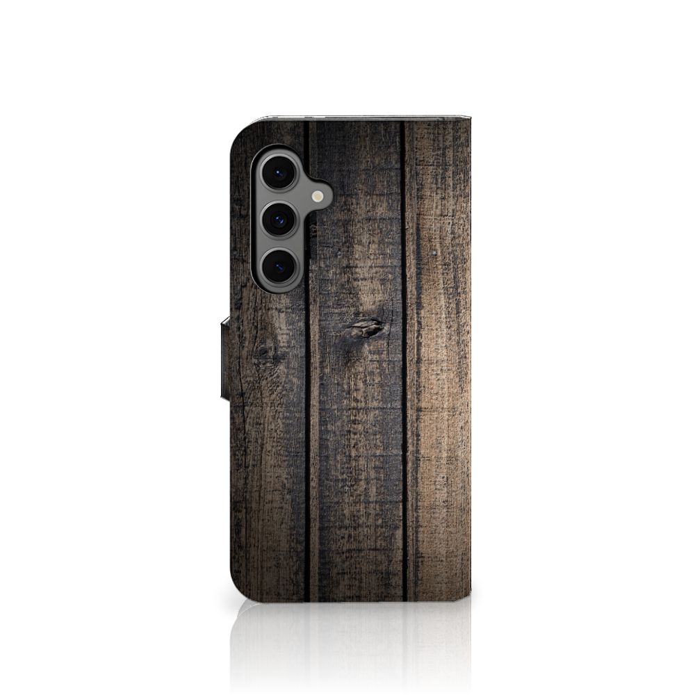 Samsung Galaxy S24 FE Book Style Case Steigerhout design houten achterkant