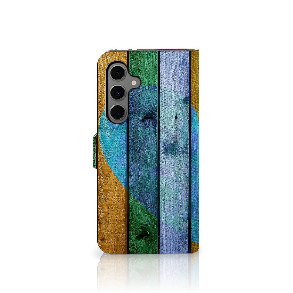 Samsung Galaxy S24 FE Book Style Case Wood Heart boekhoesje design groen blauw hout
