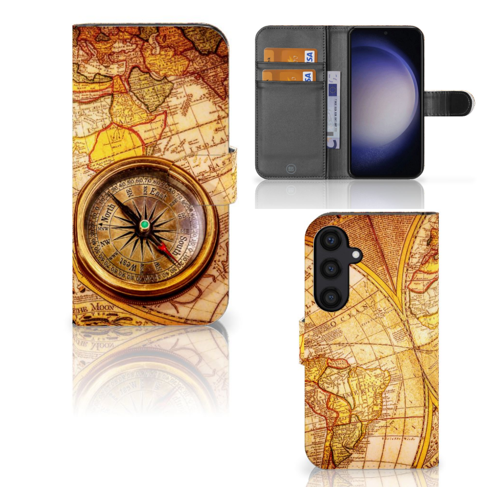 Samsung Galaxy S24 Flip Cover Kompas hoesje kompas design met kaarten aanzicht