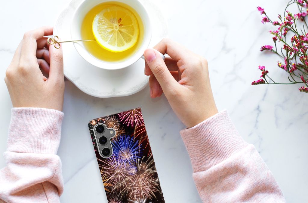 Samsung Galaxy S24 Hippe Standcase Vuurwerk handthee kleurrijk