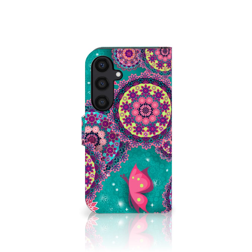 Samsung Galaxy S24 Hoesje Cirkels en Vlinders bookstyle case design met vlinders en mandala cirkels aanzicht