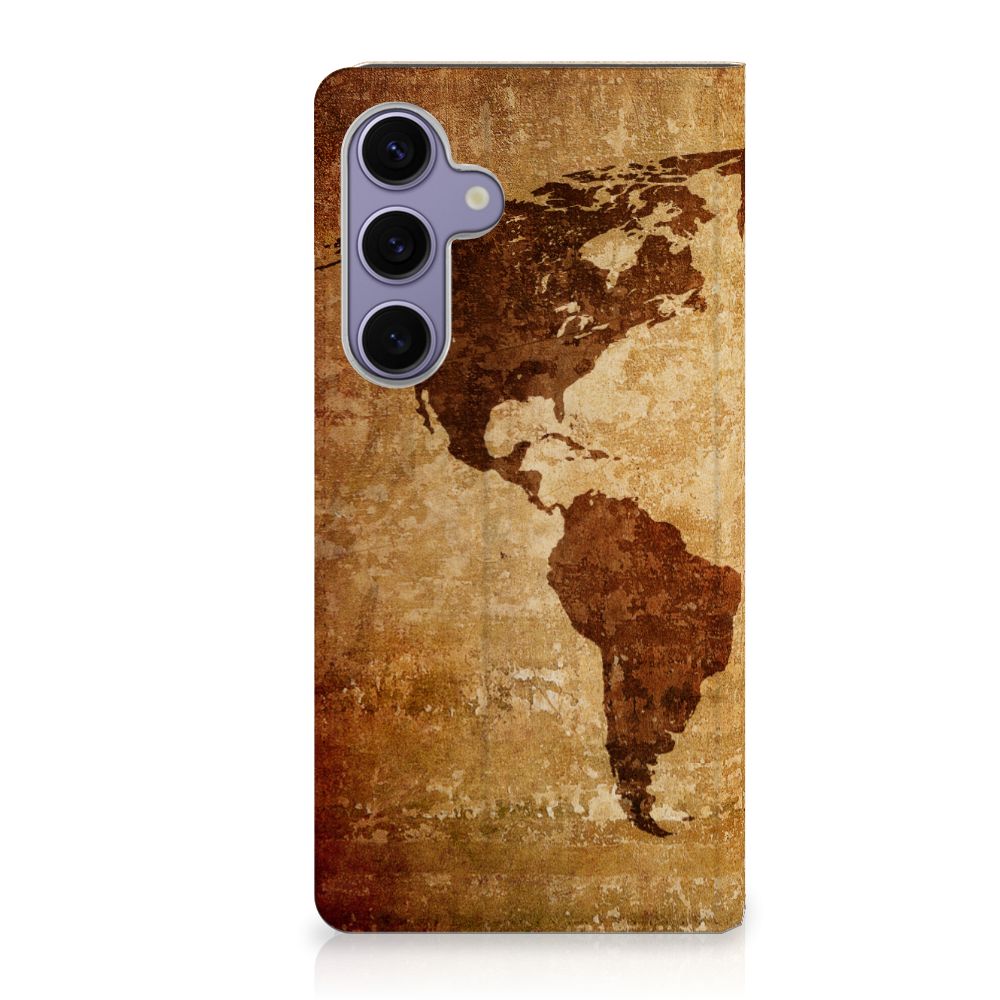 Samsung Galaxy S24 Plus Book Cover Wereldkaart wereldkaart bruin design vooraanzicht