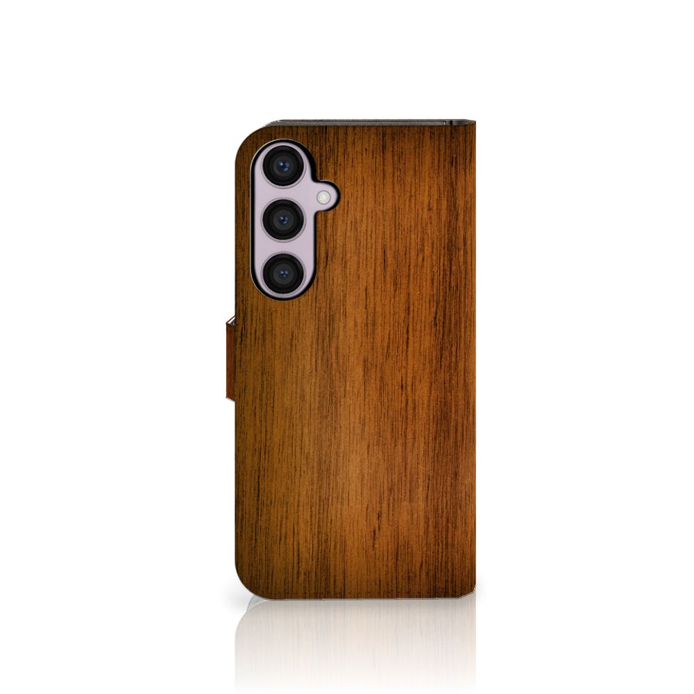 Samsung Galaxy S24 Plus Book Style Case Donker Hout designnaam schuin aanzicht