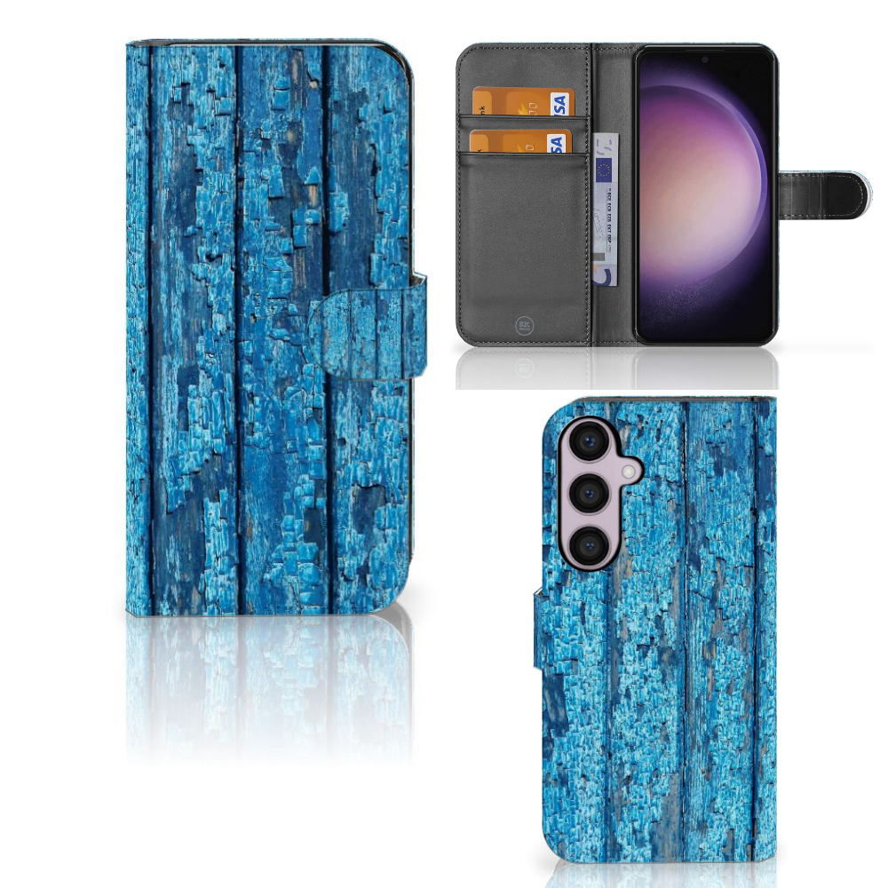 Samsung Galaxy S24 Plus Book Style Case Wood Blue design blauw hout aanzicht