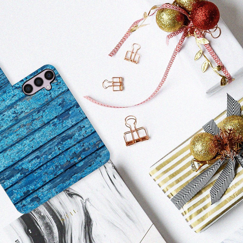 Samsung Galaxy S24 Plus Book Style Case Wood Blue blauw hout design bovenaanzicht