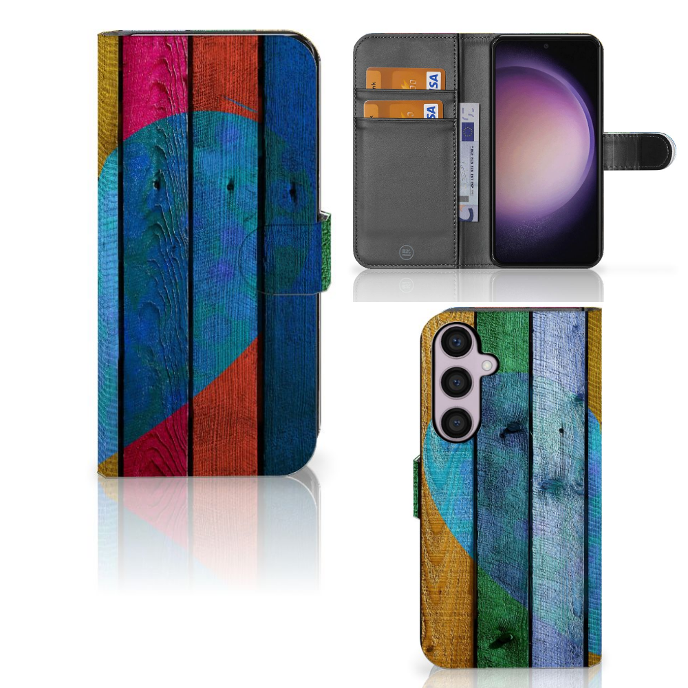 Samsung Galaxy S24 Plus Book Style Case Wood Heart aanzicht design kleur detail