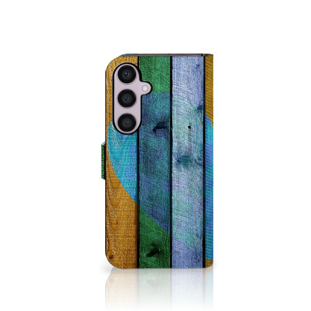 Samsung Galaxy S24 Plus Book Style Case Wood Heart voorkant houtkleurige planken met hartje