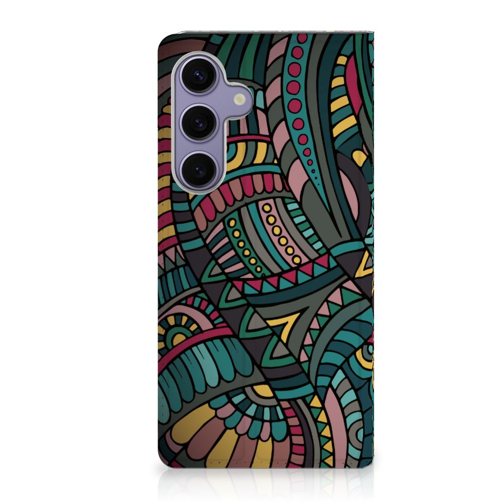 Samsung Galaxy S24 Plus Hoesje met Magneet Aztec kleurrijk retro design achterzijde