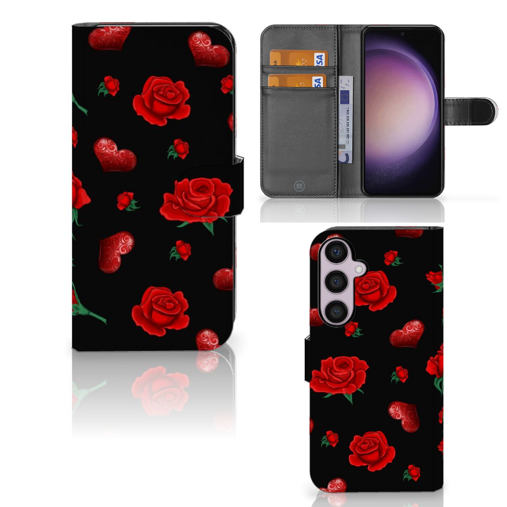 Samsung Galaxy S24 Plus Leuk Hoesje Valentine bookcase rozen hartjes voorkant binnenkant