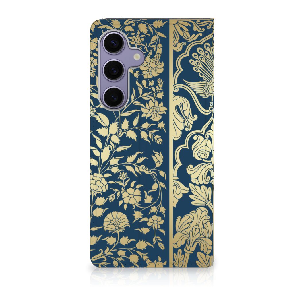 Samsung Galaxy S24 Plus Smart Cover Beige Flowers design donkerblauw bloemen achterzijde