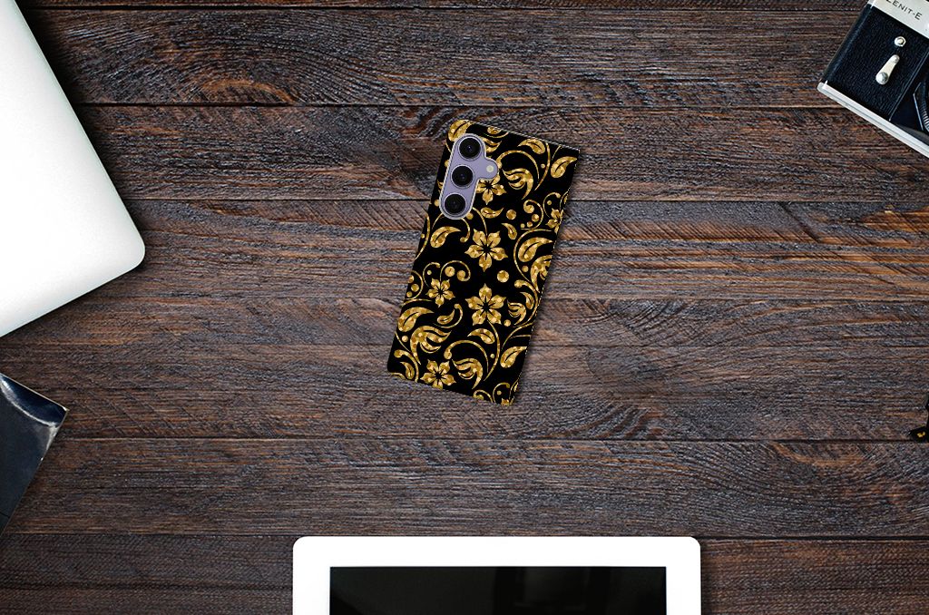 Samsung Galaxy S24 Plus Smart Cover Gouden Bloemen bovenaanzicht