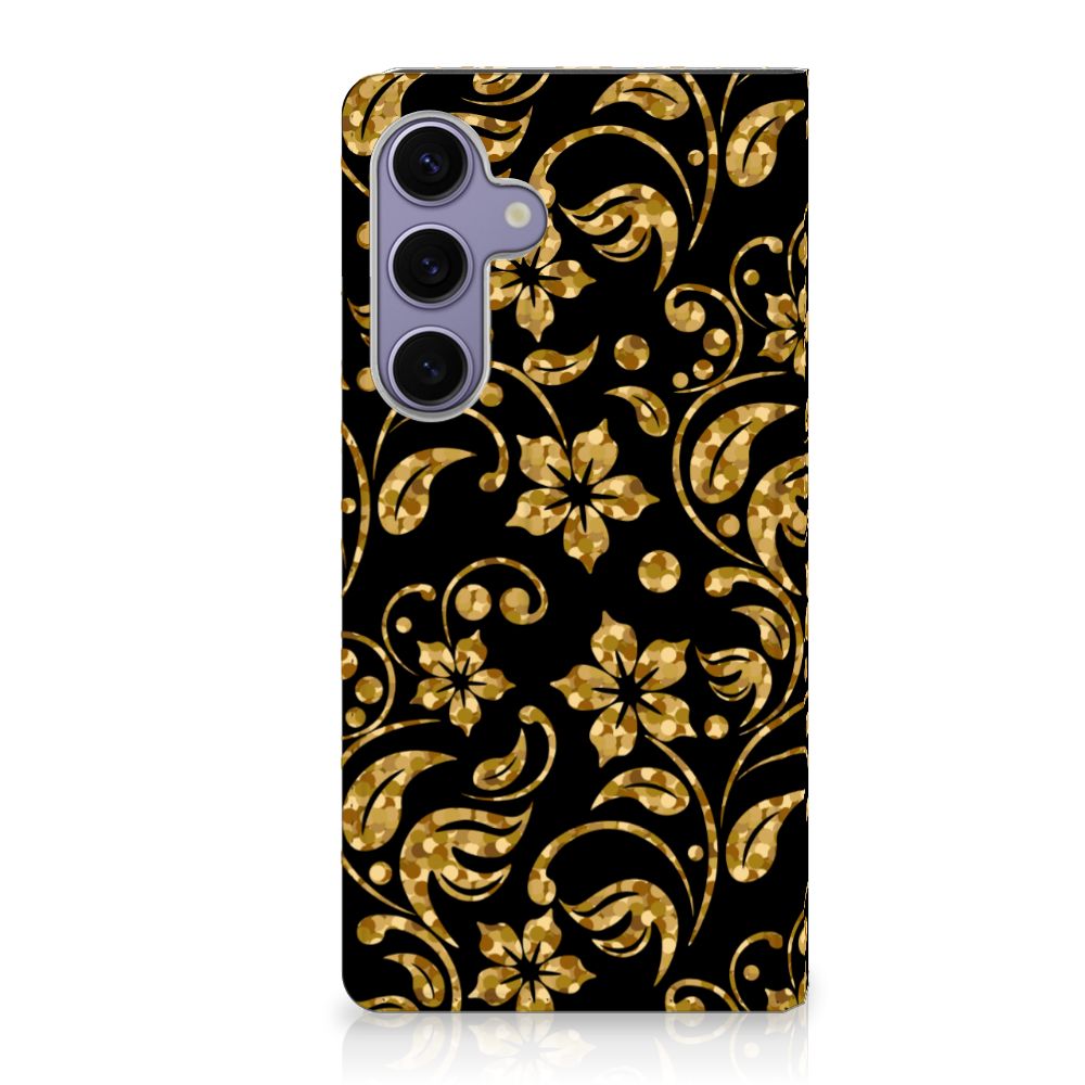 Samsung Galaxy S24 Plus Smart Cover Gouden Bloemen zwart gouden bloemen design achteraanzicht