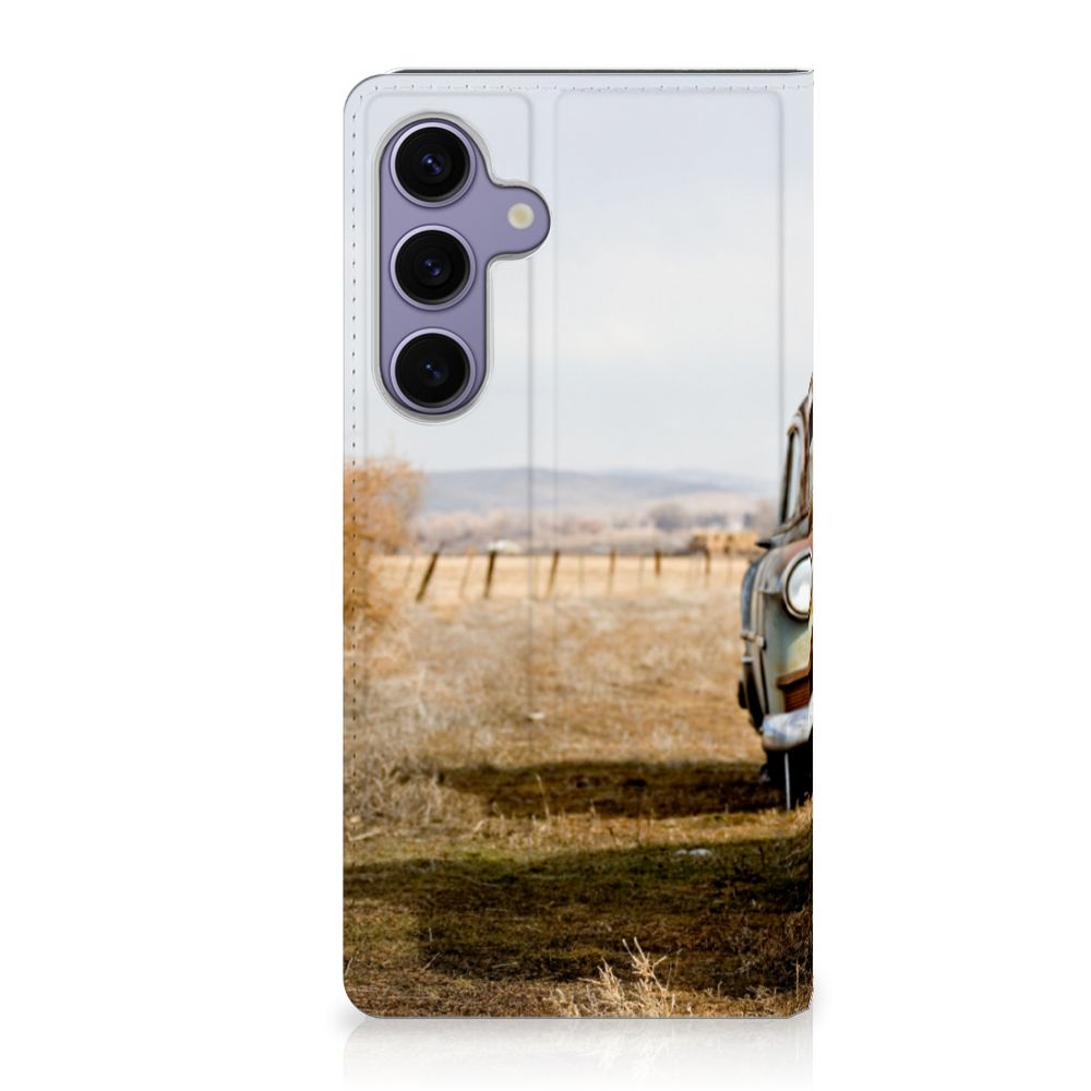 Samsung Galaxy S24 Plus Stand Case Vintage Auto boekhoes vintage auto aanzicht