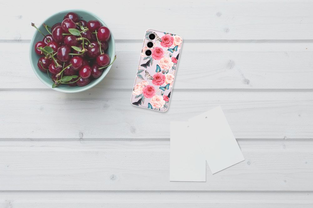 Samsung Galaxy S24 Plus TPU Case Butterfly Roses bovenaanzicht telefoonhoesje met rozen en vlinders