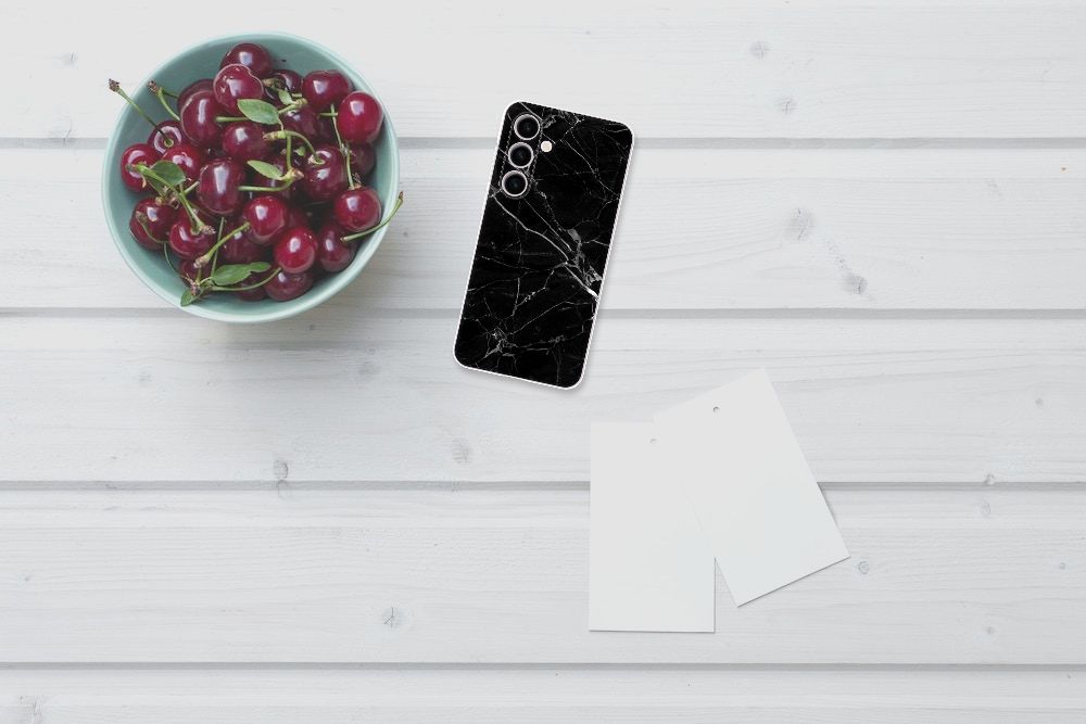 Samsung Galaxy S24 Plus TPU Siliconen Hoesje Marmer Zwart - Origineel Cadeau Vader met een schaal kersen en notitiekarten.