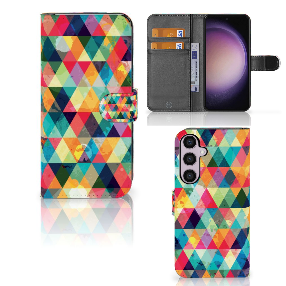 Samsung Galaxy S24 Plus Telefoon Hoesje Geruit kleurrijk ruitjes design bookcase aanzicht