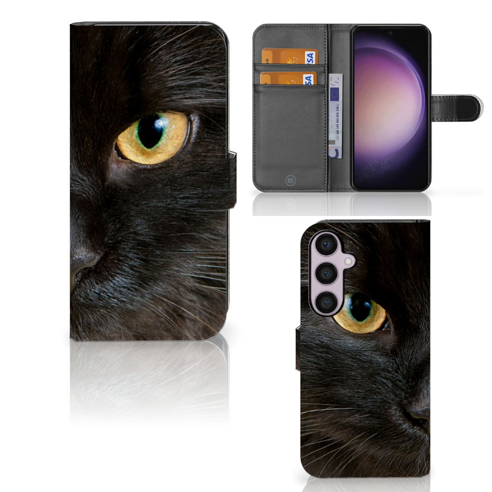 Samsung Galaxy S24 Plus Telefoonhoesje met Pasjes Zwarte Kat design zwart kat aanzicht