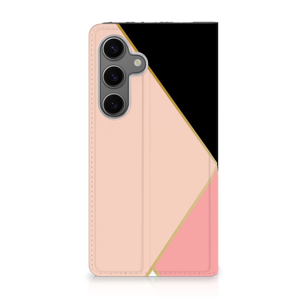 Samsung Galaxy S24 Stand Case Zwart Roze Vormen stand case design zwart roze aanzicht