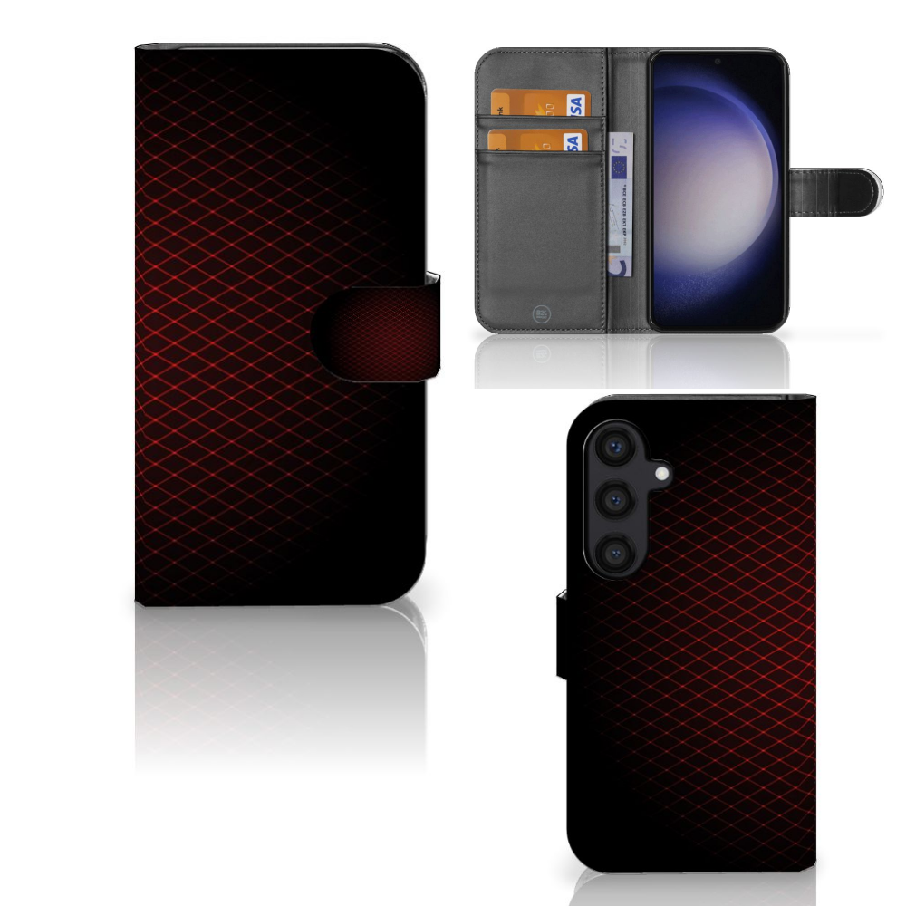 Samsung Galaxy S24 Telefoon Hoesje Geruit Rood met ruimte voor 3 pasjes en minimalistisch design.