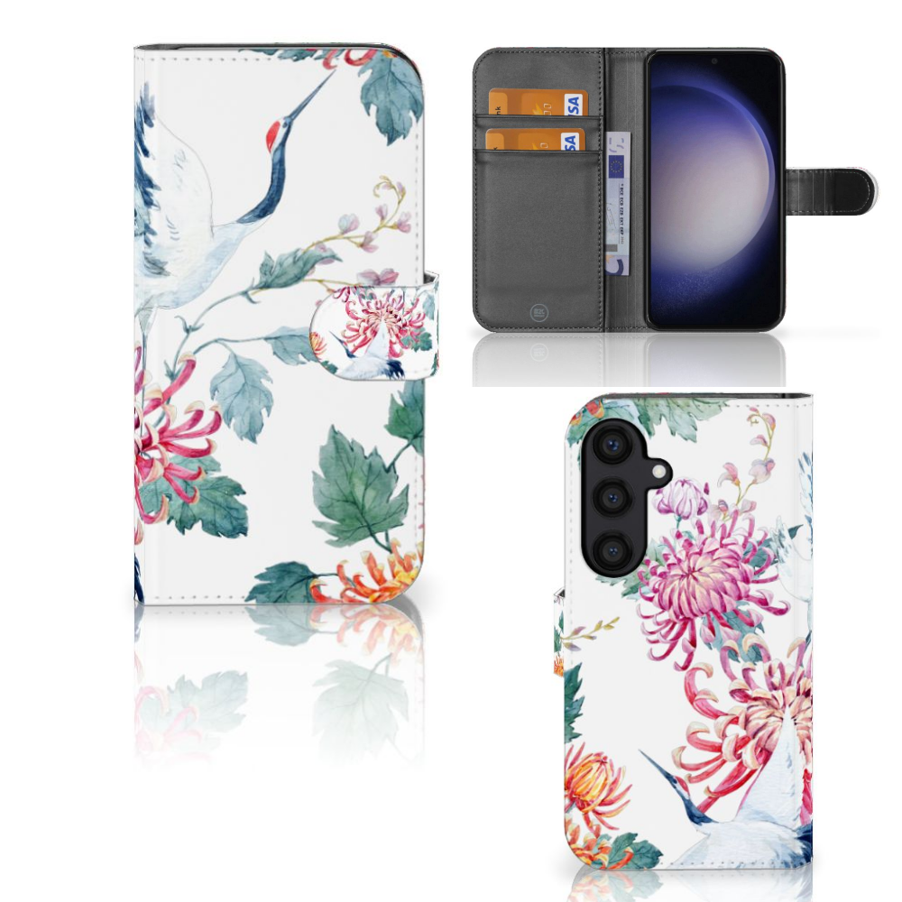 Samsung Galaxy S24 Telefoonhoesje met Pasjes Bird Flowers met kleurrijke ooievaar en bloemen 🌺 voor gebruiksgemak en bescherming.