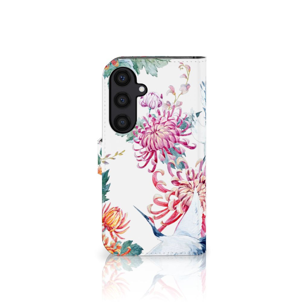 Samsung Galaxy S24 Telefoonhoesje met Pasjes Bird Flowers met kleurrijke bloemen en ooievaar 🌸.