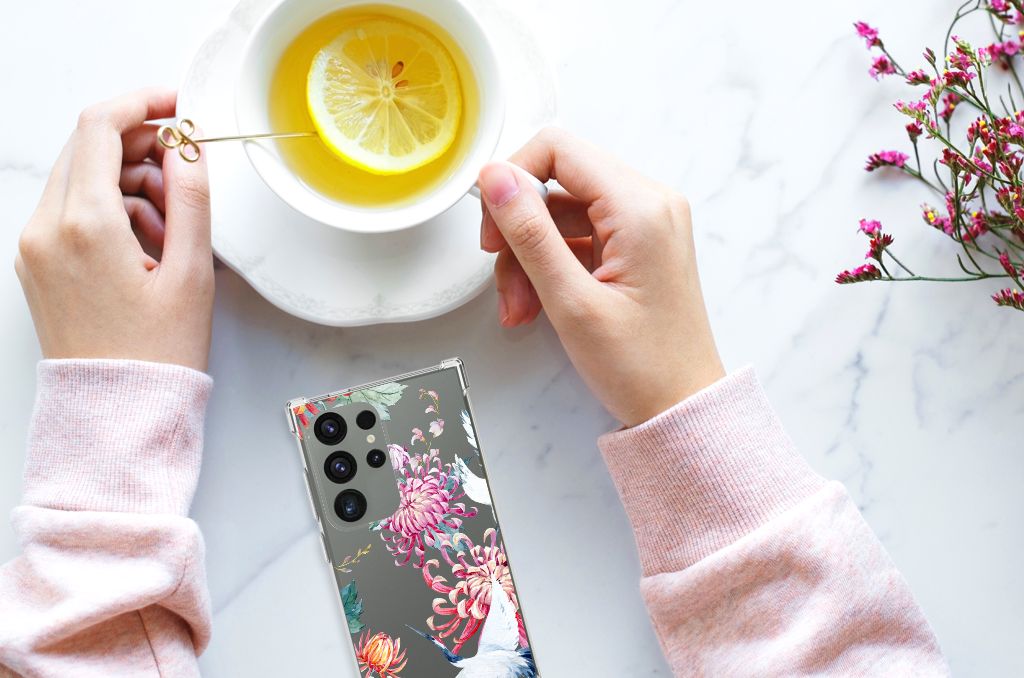 Samsung Galaxy S24 Ultra Case Anti-shock Bird Flowers telefoonhoesje met bloemen en vogels aanzicht