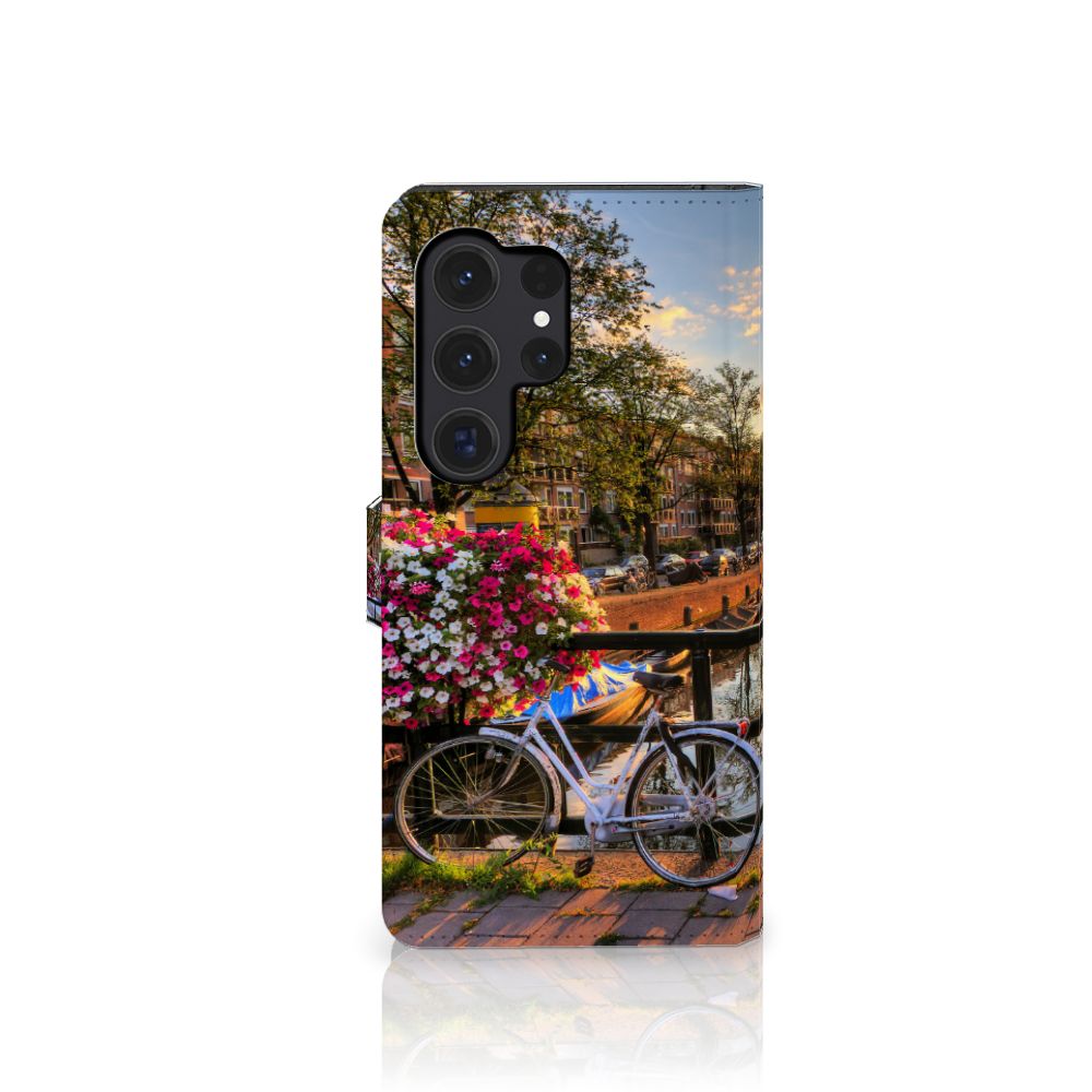Samsung Galaxy S24 Ultra Flip Cover Amsterdamse Grachten ontwerp fiets bloemen aanzicht