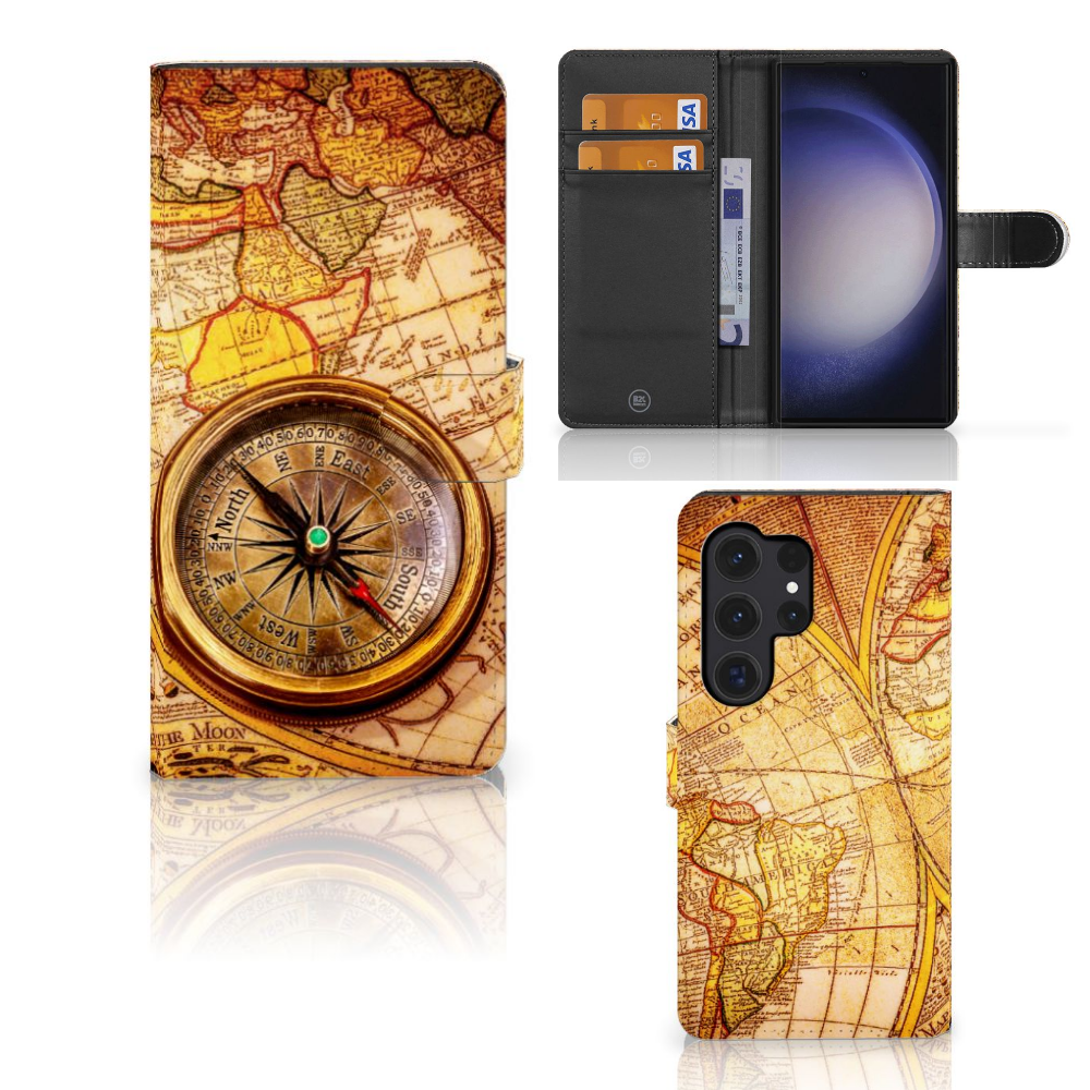 Samsung Galaxy S24 Ultra Flip Cover Kompas kompas ontwerp vooraanzicht zijaanzicht