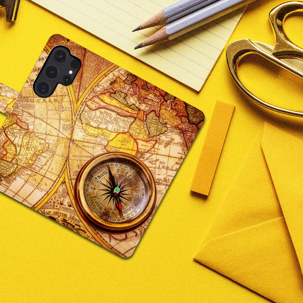 Samsung Galaxy S24 Ultra Flip Cover Kompas kompas wereldkaart bovenaanzicht
