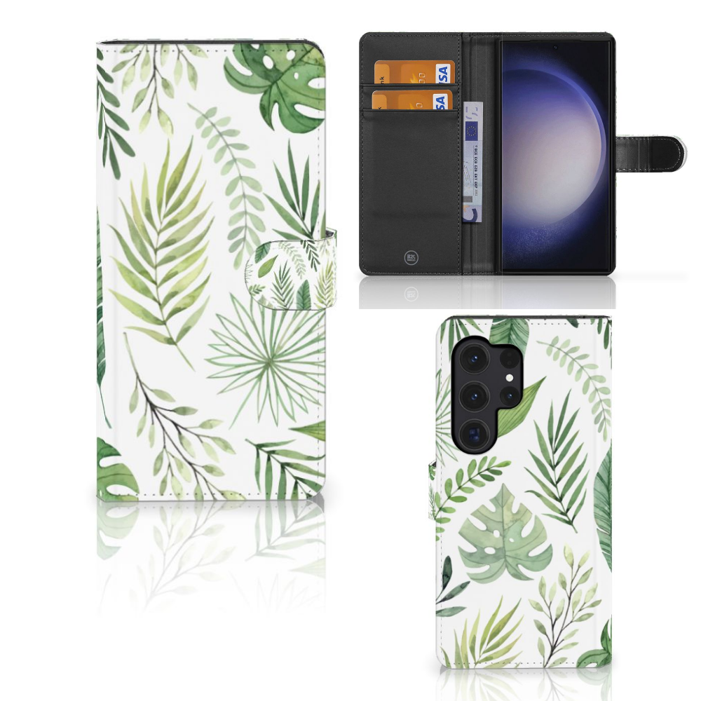 Samsung Galaxy S24 Ultra Hoesje Leaves telefoonhoesje bladeren design voorkant binnenkant