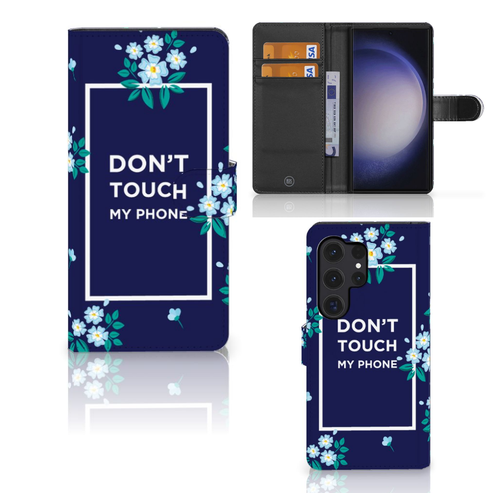 Samsung Galaxy S24 Ultra Portemonnee Hoesje Flowers Blue DTMP voorzijde binnenzijde zijkant