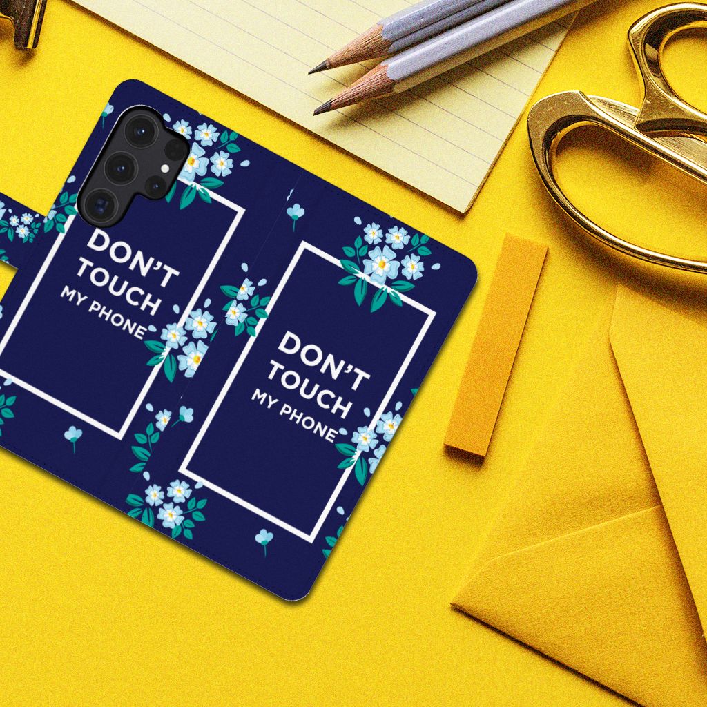 Samsung Galaxy S24 Ultra Portemonnee Hoesje Flowers Blue DTMP bovenaanzicht bloemen design