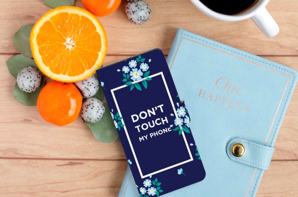 Samsung Galaxy S24 Ultra Portemonnee Hoesje Flowers Blue DTMP vooraanzicht bloemen ontwerp