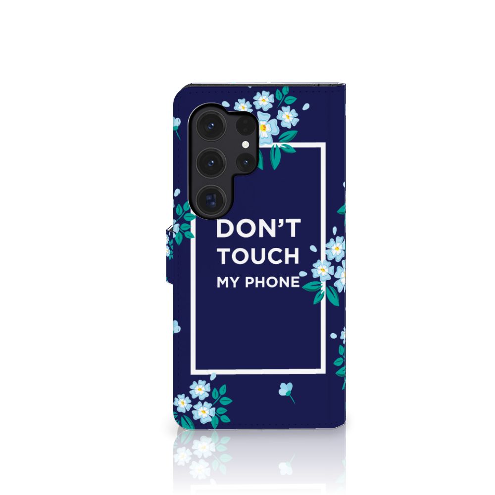 Samsung Galaxy S24 Ultra Portemonnee Hoesje Flowers Blue DTMP voorkant bloemen blauw tekst
