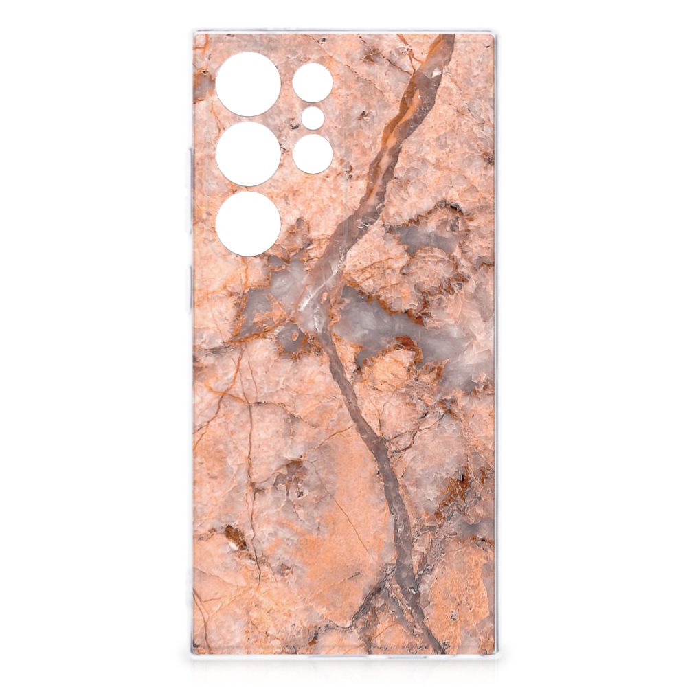Samsung Galaxy S24 Ultra TPU Siliconen Hoesje Marmer Oranje met elegant oranje marmerdesign, ideaal als cadeau.