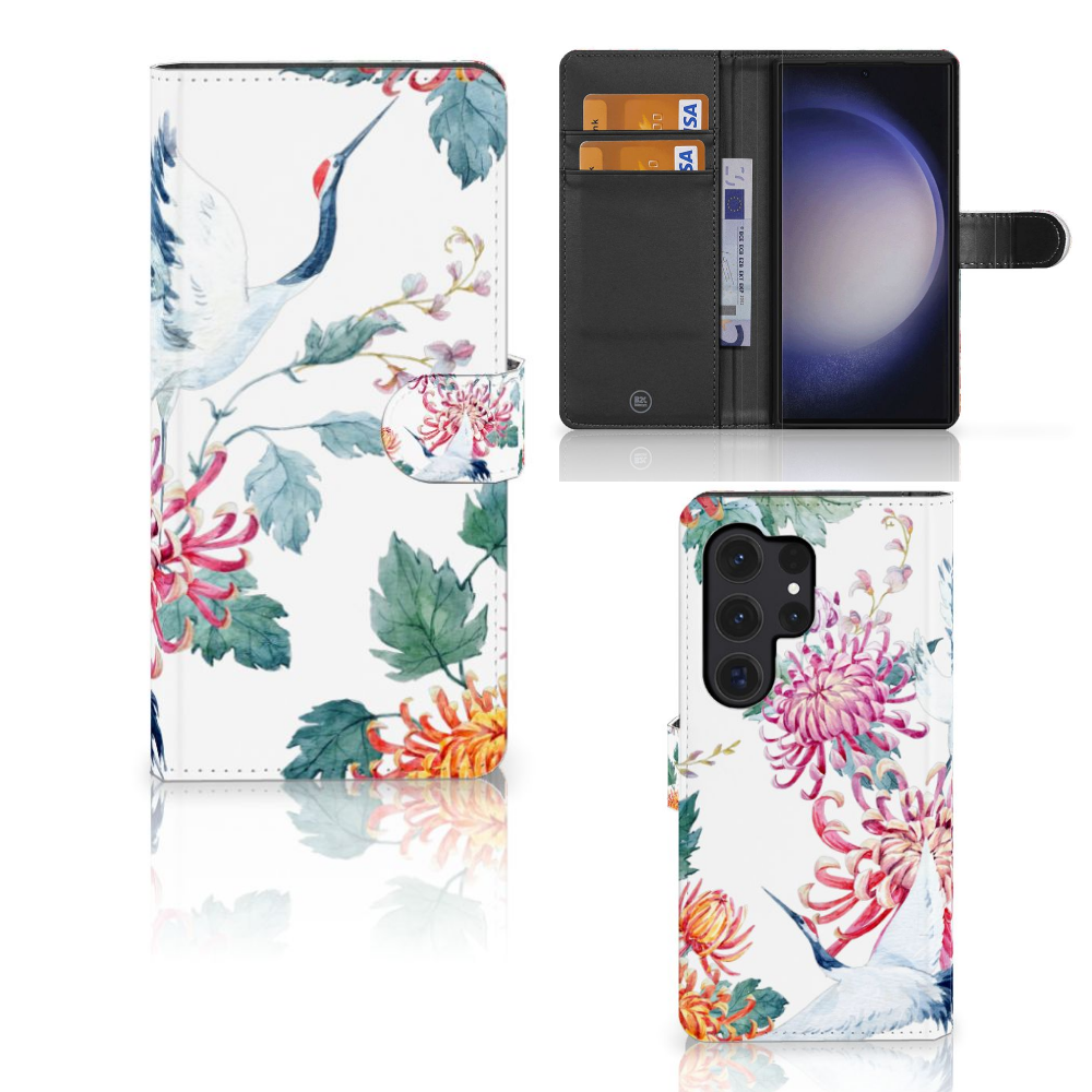 Samsung Galaxy S24 Ultra Telefoonhoesje met Pasjes Bird Flowers design voorkant zijkant binnenkant