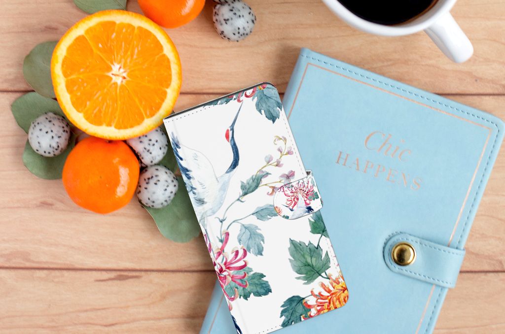 Samsung Galaxy S24 Ultra Telefoonhoesje met Pasjes Bird Flowers design bovenaanzicht