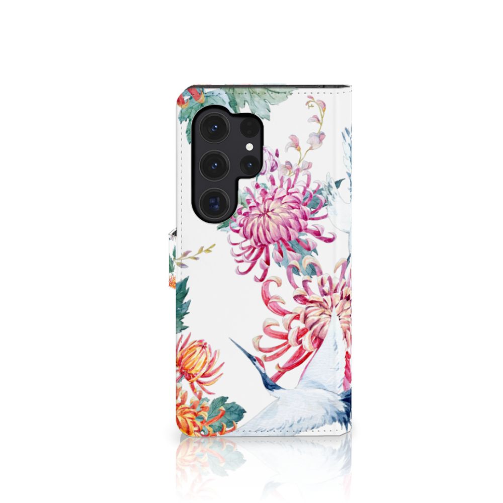 Samsung Galaxy S24 Ultra Telefoonhoesje met Pasjes Bird Flowers design bloemen aanzicht
