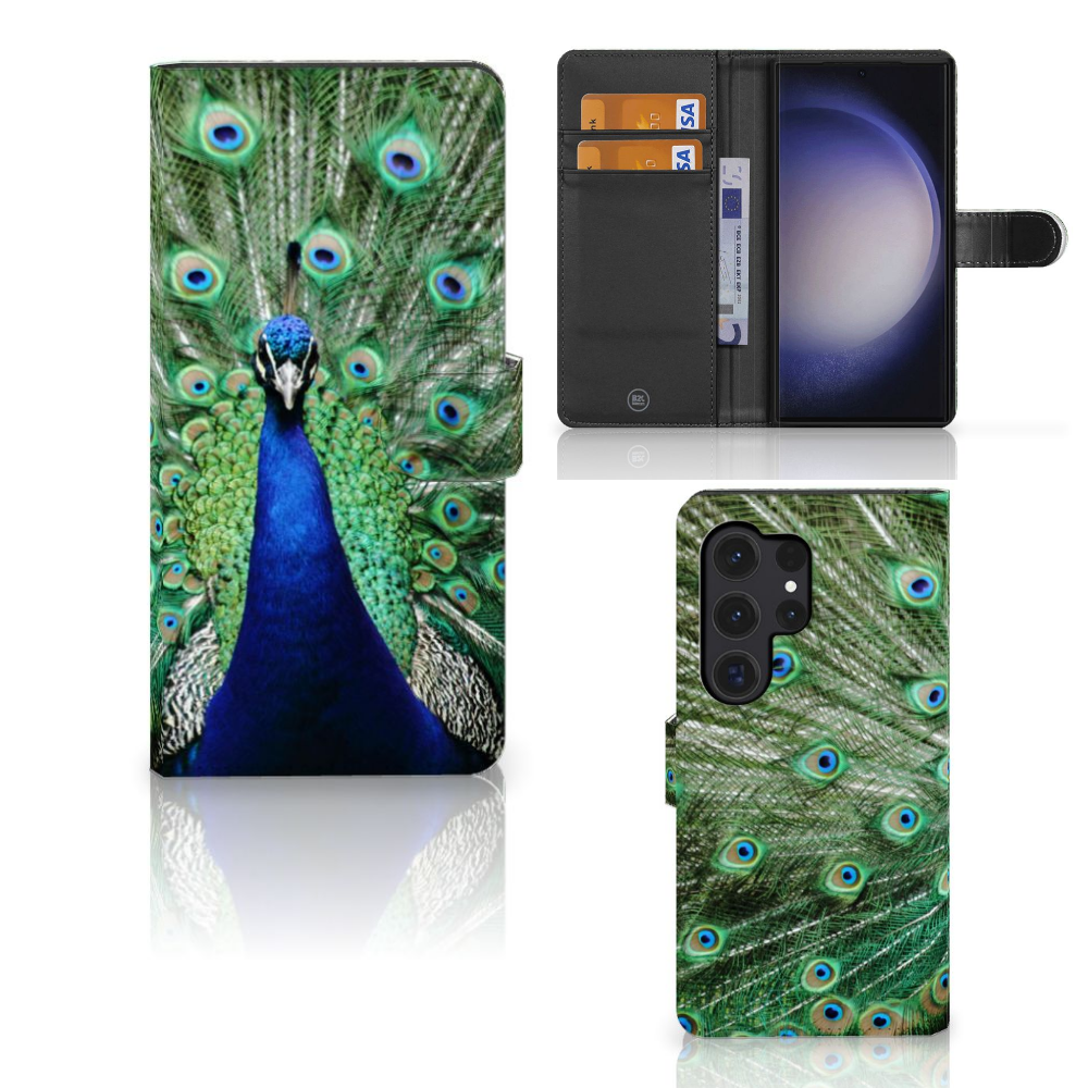 Samsung Galaxy S24 Ultra Telefoonhoesje met Pasjes Pauw met prachtige pauwprint en handige pasjeshouder 🌿