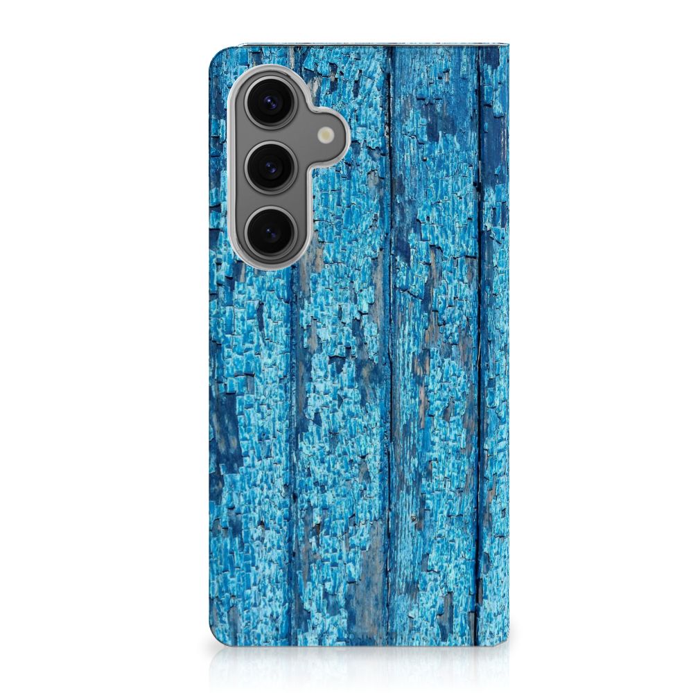 Samsung Galaxy S24FE Book Wallet Case Wood Blue design blauw hout aanzicht