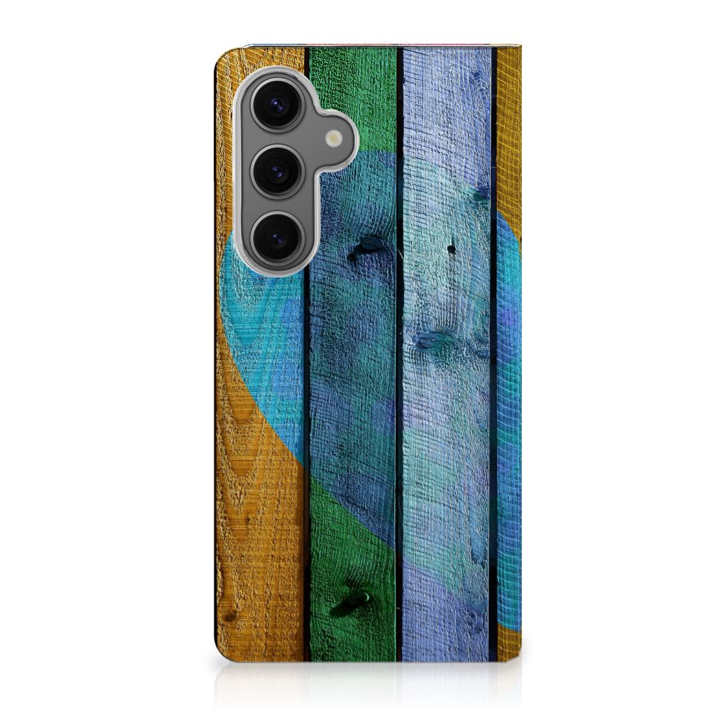 Samsung Galaxy S24FE Book Wallet Case Wood Heart design kleurrijk aanzicht